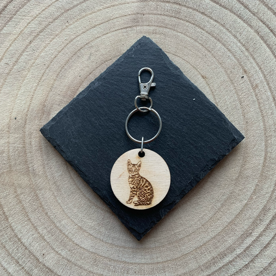 Bengal Cat Engraved Wooden Keyring.