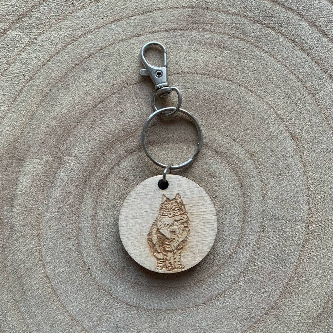 Norwegian Forest Cat Engraved Wooden Keyring.