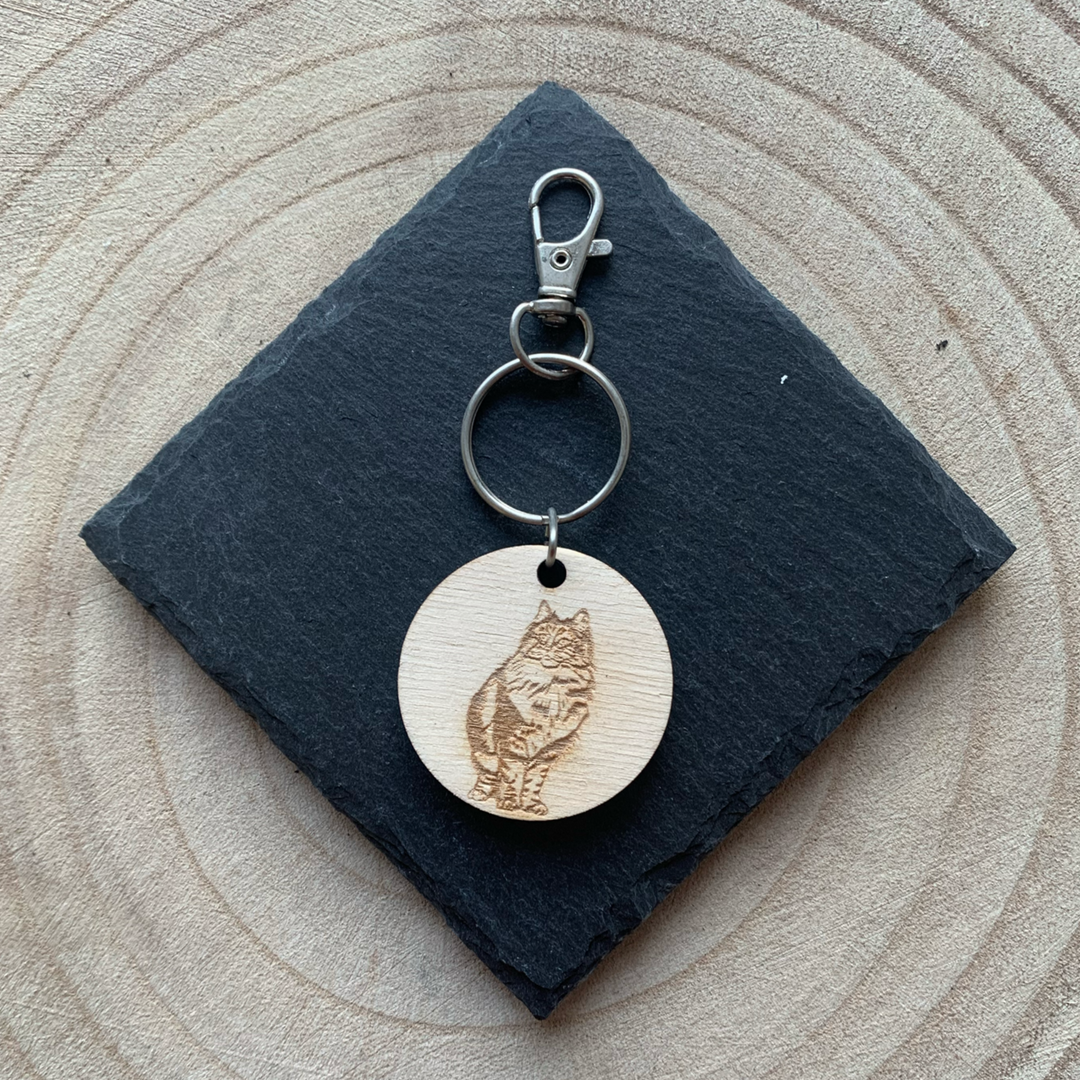 Norwegian Forest Cat Engraved Wooden Keyring.