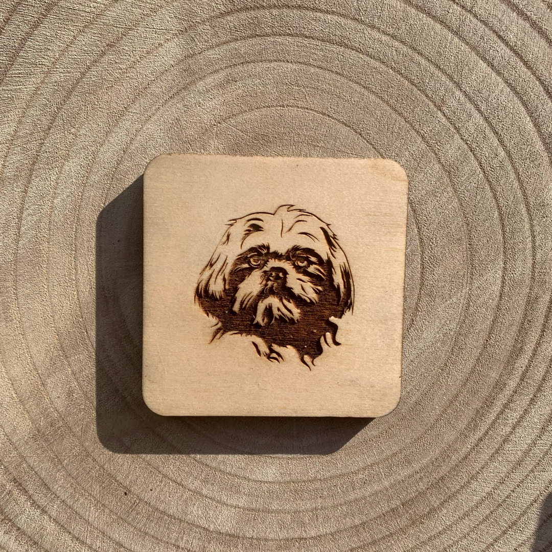 Shih Tzu Face Illustration Engraved Wooden Coaster