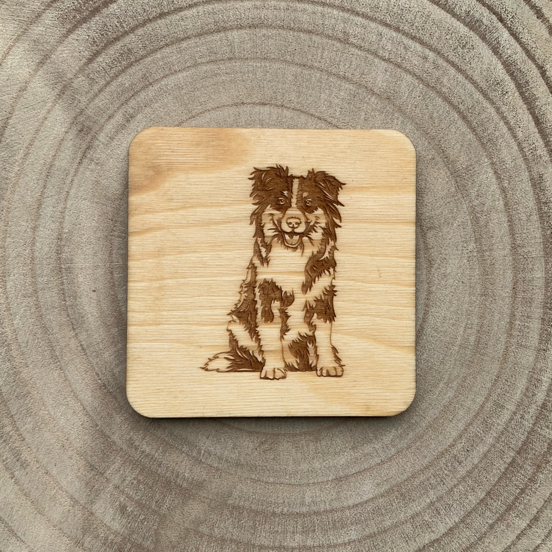 Border collie Sheepdog Illustration Engraved Wooden Coaster