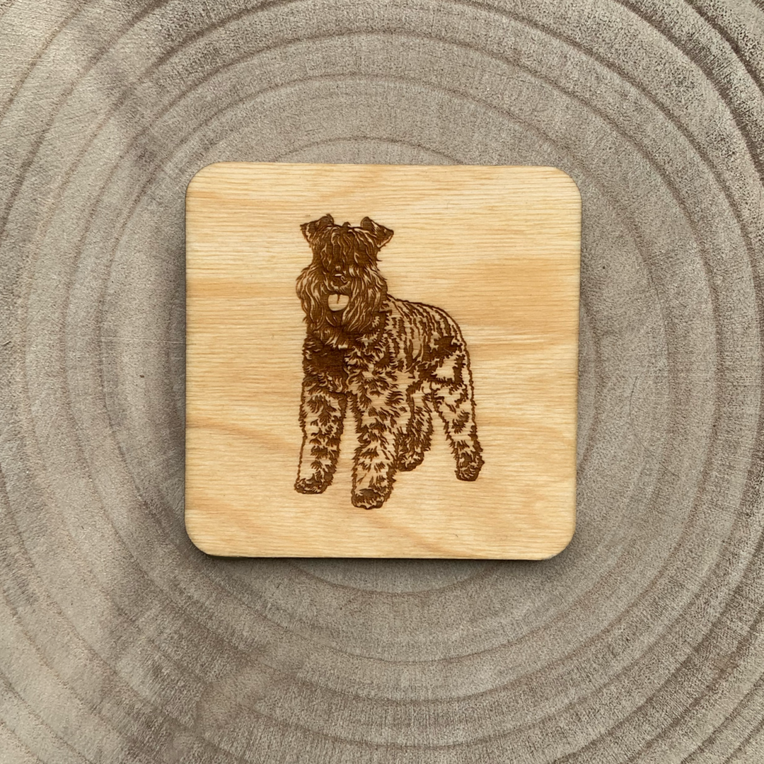 Kerry Blue Terrier Illustration Engraved Wooden Coaster