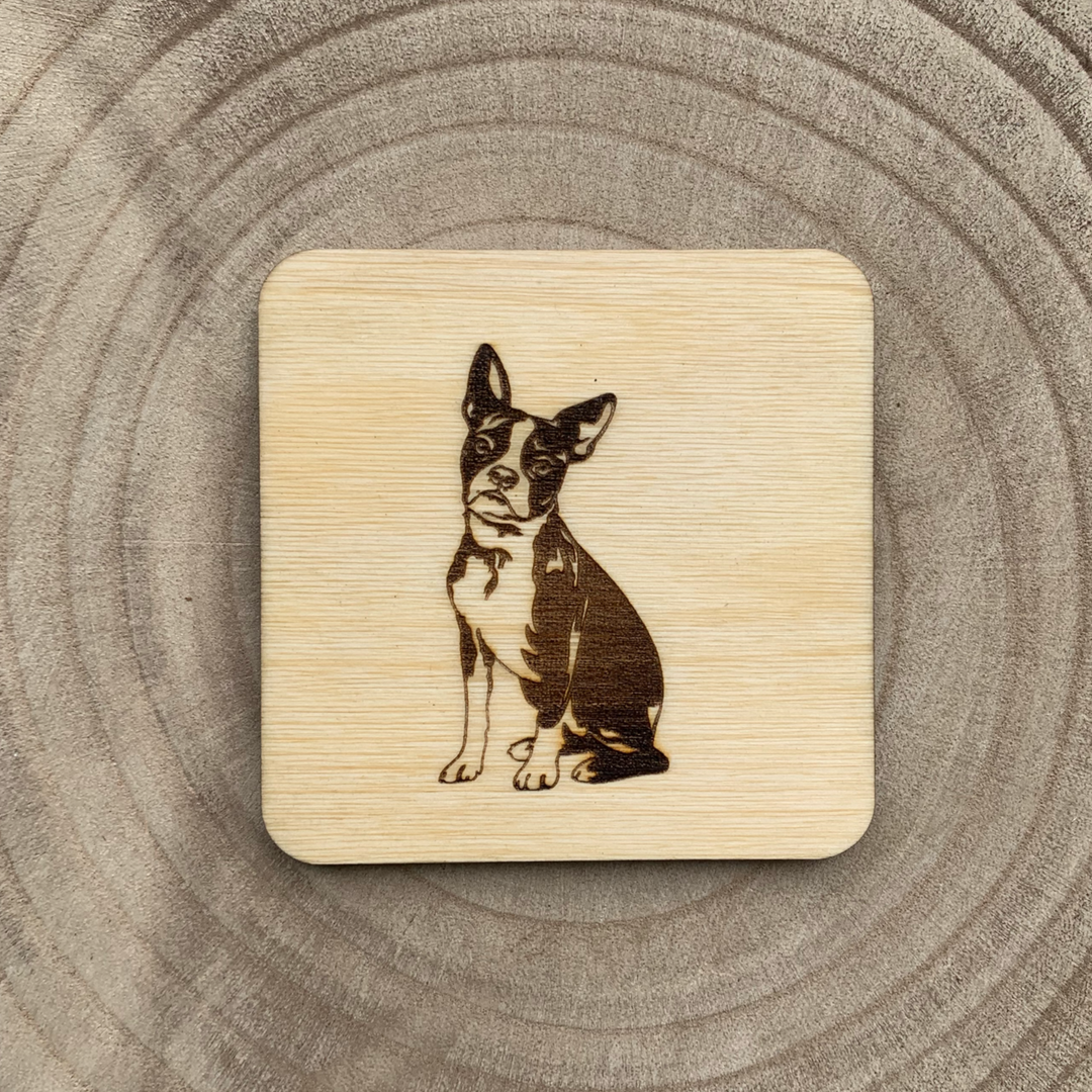 Boston Terrier Illustration Engraved Wooden Coaster