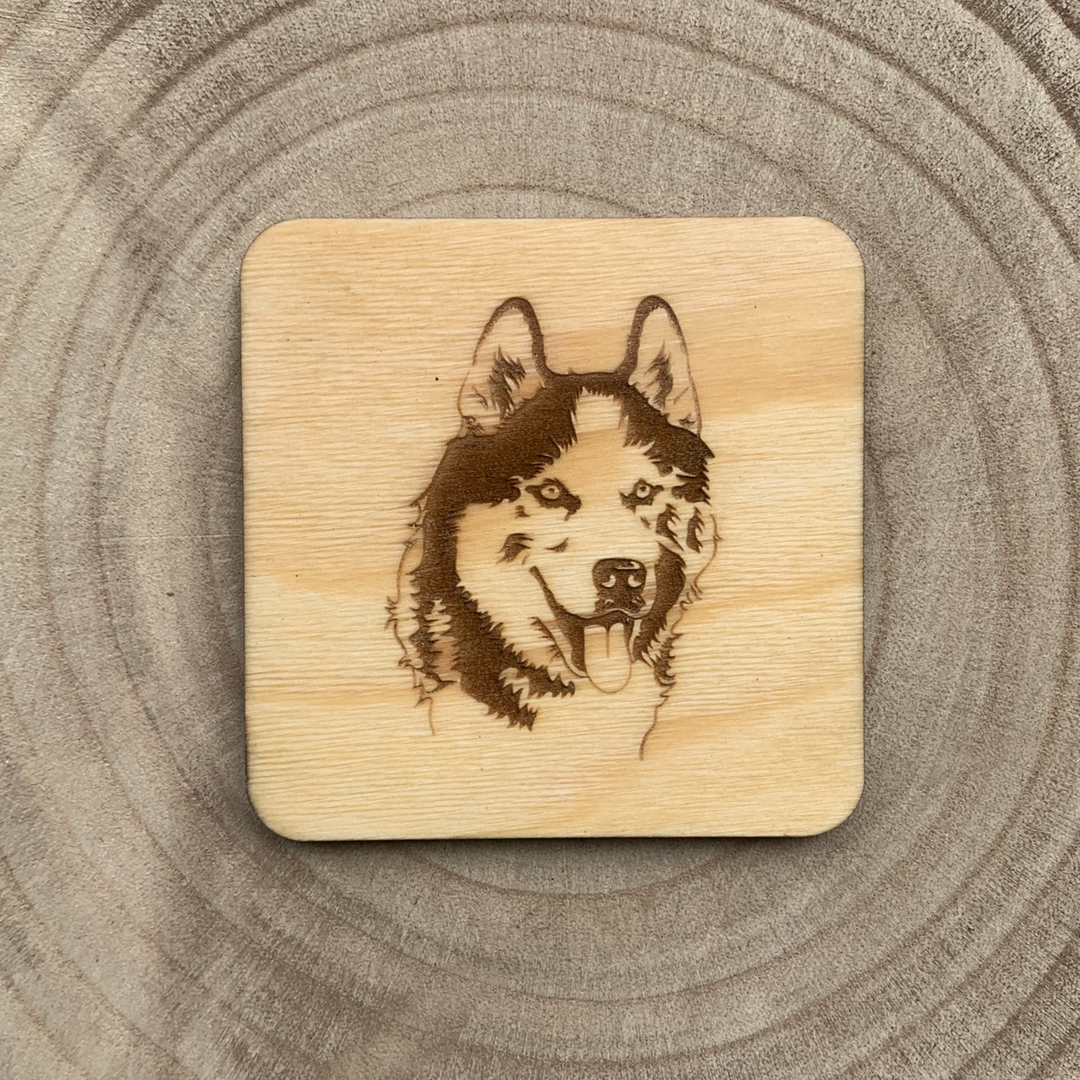 Husky Illustration Engraved Wooden Coaster