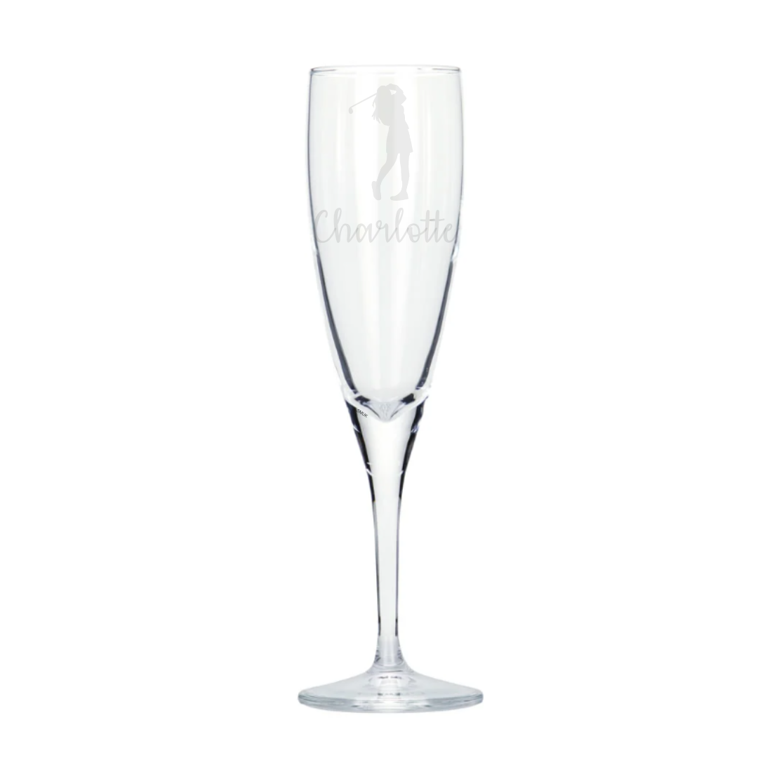 Personalised Female Golf Player Champagne Glass