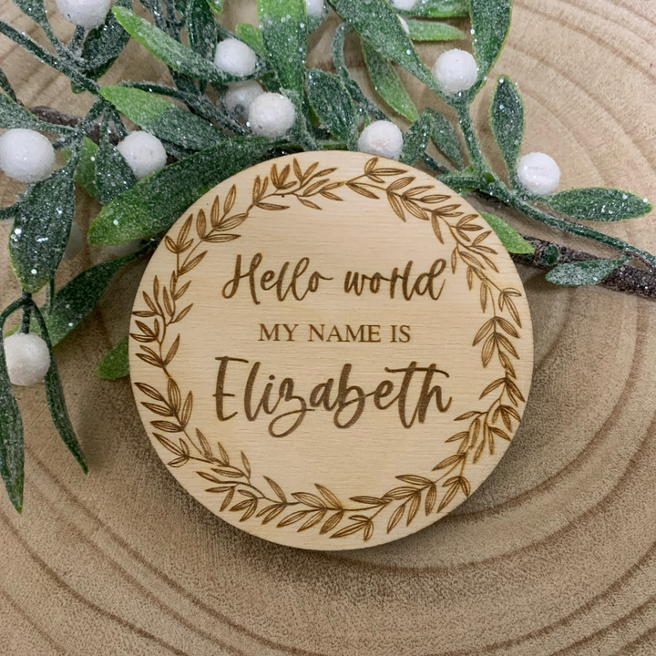 Personalised 'Hello World My Name Is' Wooden Birth & Name Announcement