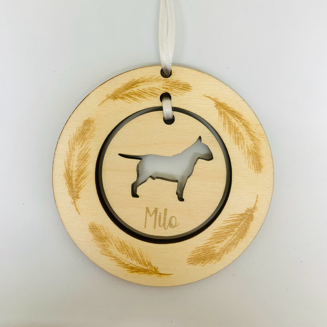 Personalised English Bull Terrier Hanging Decoration ~ Feather Wreath