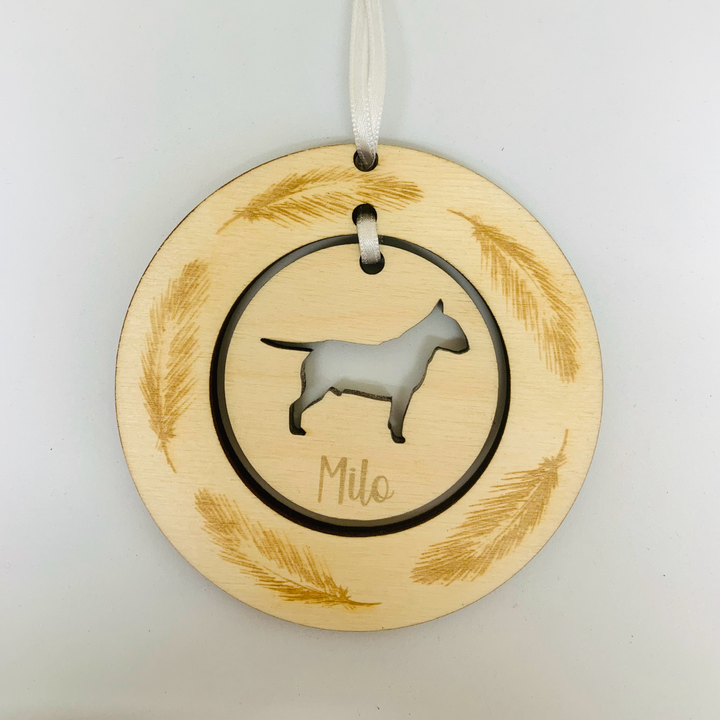 Personalised English Bull Terrier Hanging Decoration ~ Feather Wreath