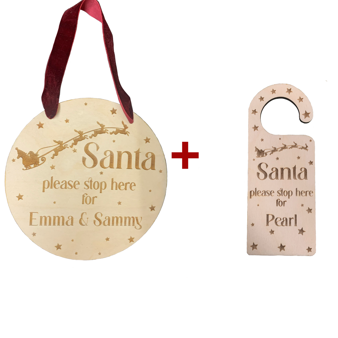 BUNDLE: Personalised Please stop here for Santa Door Hanger and Hanging Decoration